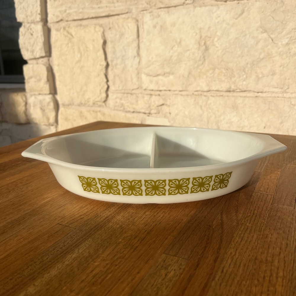 Vintage Pyrex White and Green Divided casserole Dish